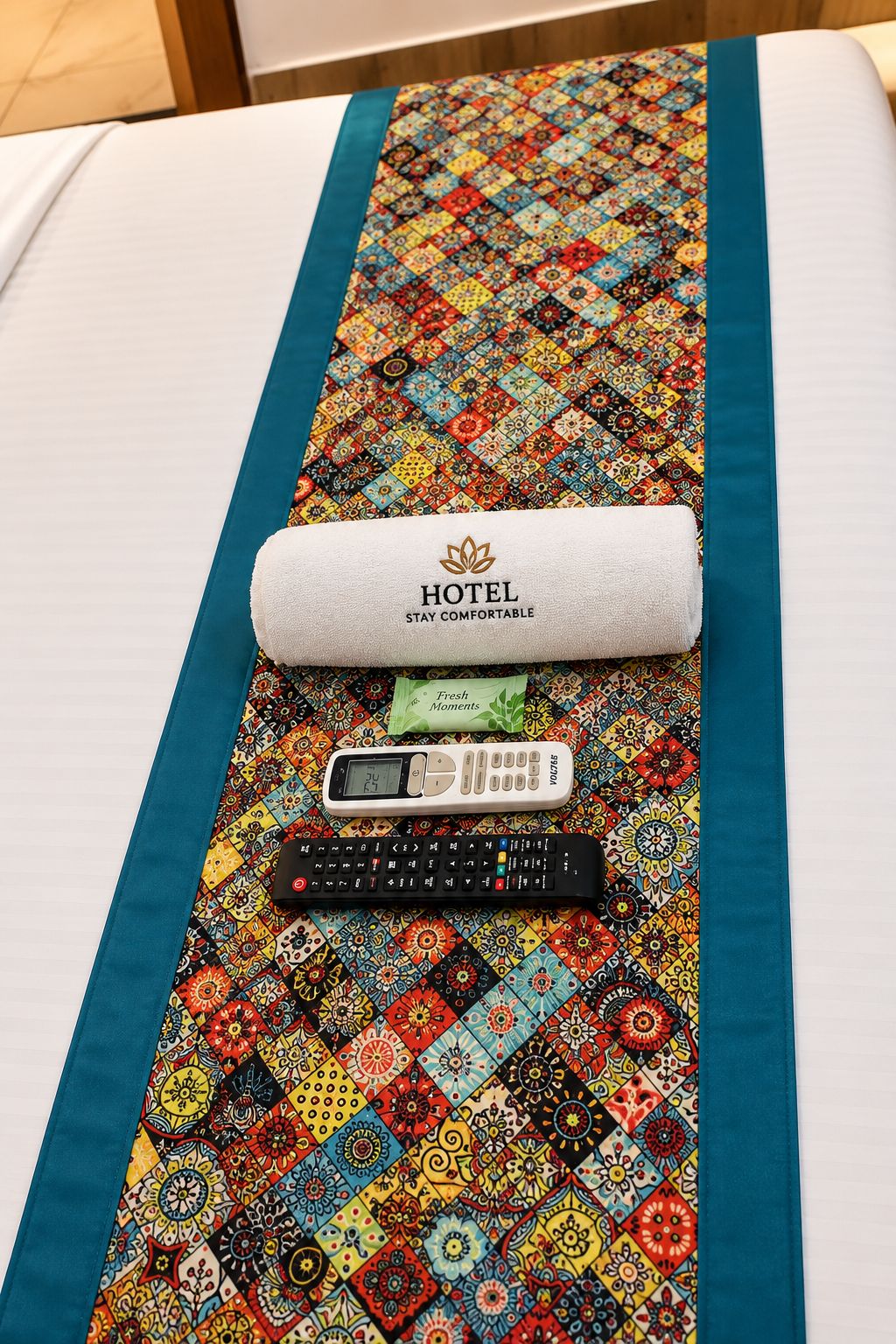 A bed with a colorful quilt, a rolled towel, a remote control, and a small card.