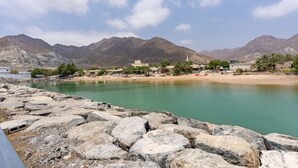 A rocky shoreline with a calm body of water, distant mountains, and a few buildings.