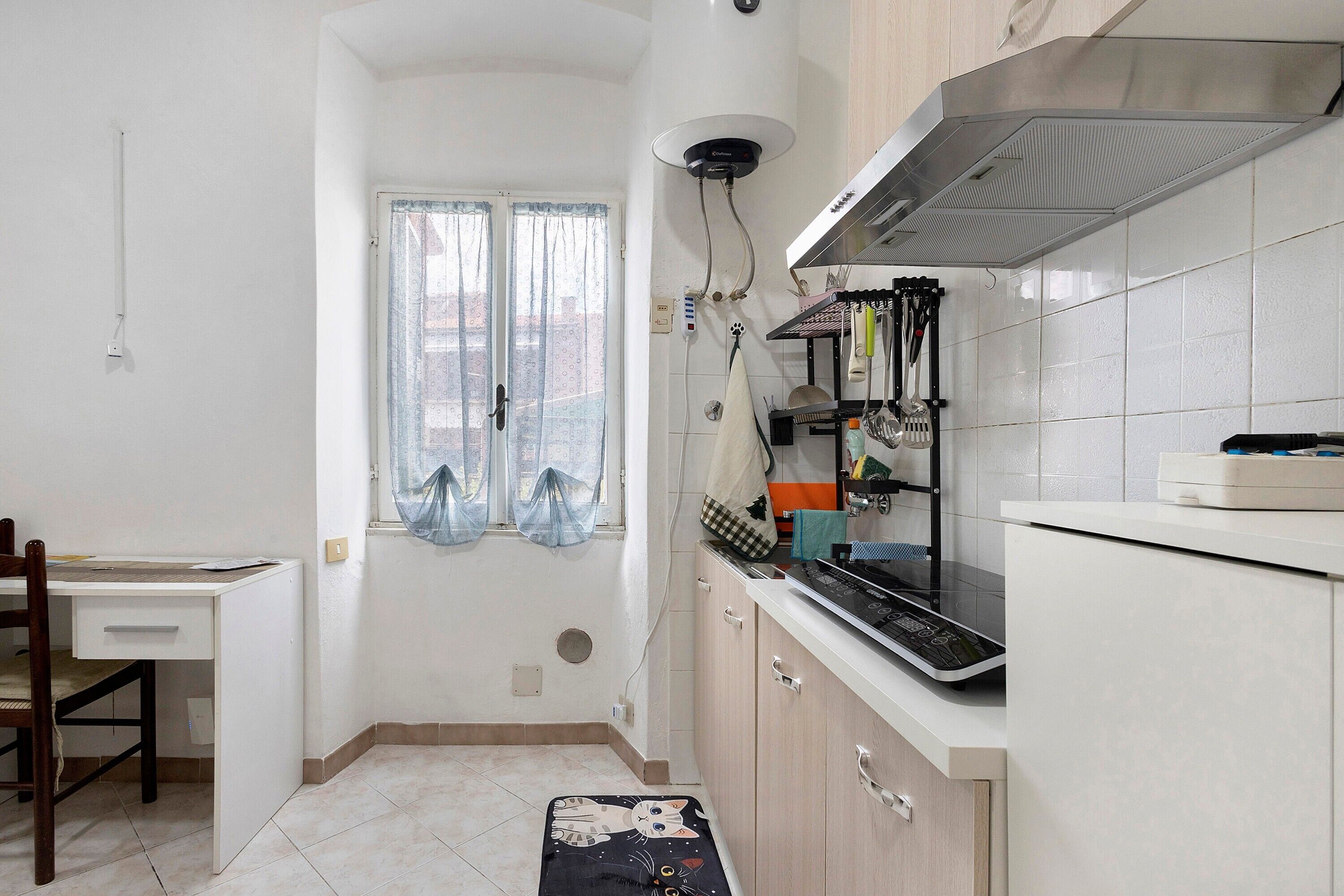 Fridge, stovetop, cookware/dishes/utensils, spices