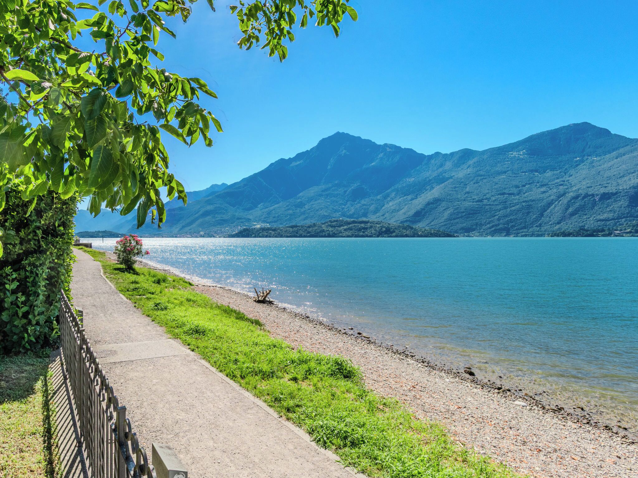 A lakeside path with a view of mountains and a clear sky.