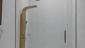 Shower, towels, soap, toilet paper