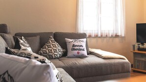 En stue med en grå sofa, mønstrede puder, en pude med teksten 'Bern, Oberland, Schweiz', et TV-møbel med et fladskærms-TV, og et vindue med lette gardiner.