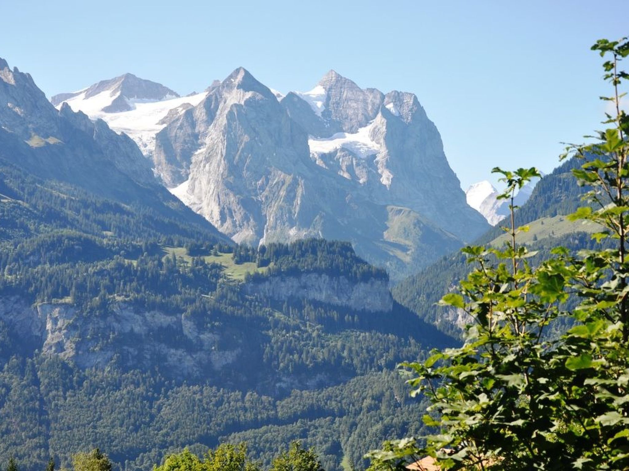Paesaggio montuoso con una cima imponente, valli ricche di foreste e cielo sereno.