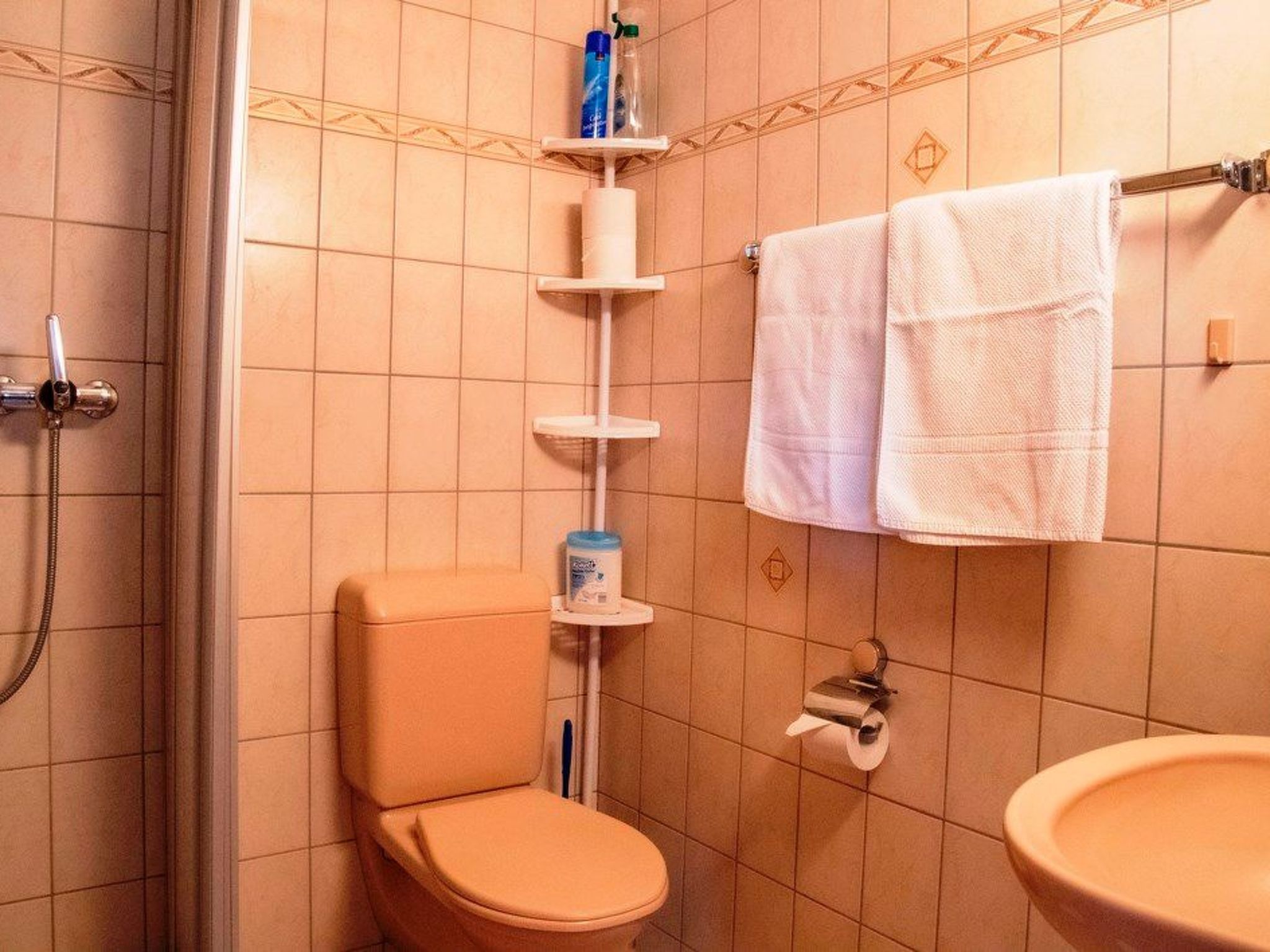 A bathroom with a toilet, a sink, and a shower. There are shelves with toiletries and a towel hanging on the wall.