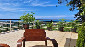 A terrace with a wooden chair, potted plants, and a view of the sea. - Deluxe Room No. 2 with Ocean View (Sakhu)