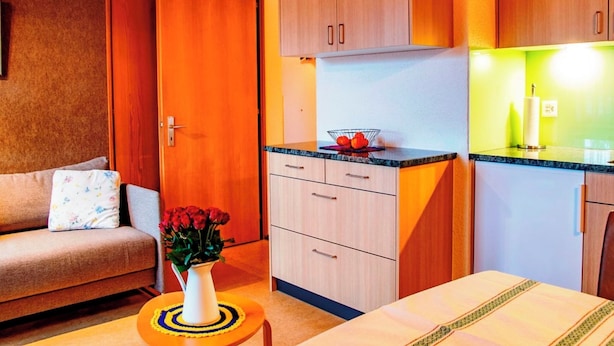 A compact room with a sofa, a small table with a vase, wooden cabinets, and a kitchenette. - HasliRent, Mike, (Hasliberg Reuti), by Interhome (Hasliberg)