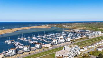 A marina with numerous boats, a coastal road, and residential buildings.