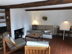 A living room with a sofa, a coffee table, a fireplace, and a television. - Casa Pintga, (Flims Dorf), 1819 by Interhome (Flims)