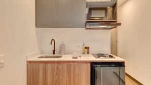 Una cocina compacta con lavamanos, microondas y lavavajillas.