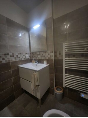 Regadera, secadora de cabello, toallas, papel de baño 