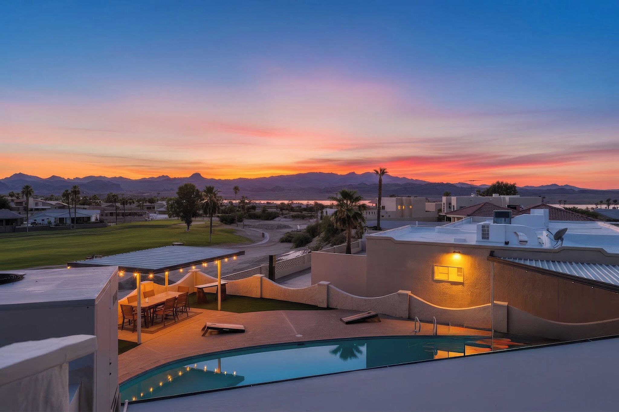 A pool area with a view of mountains during sunset.