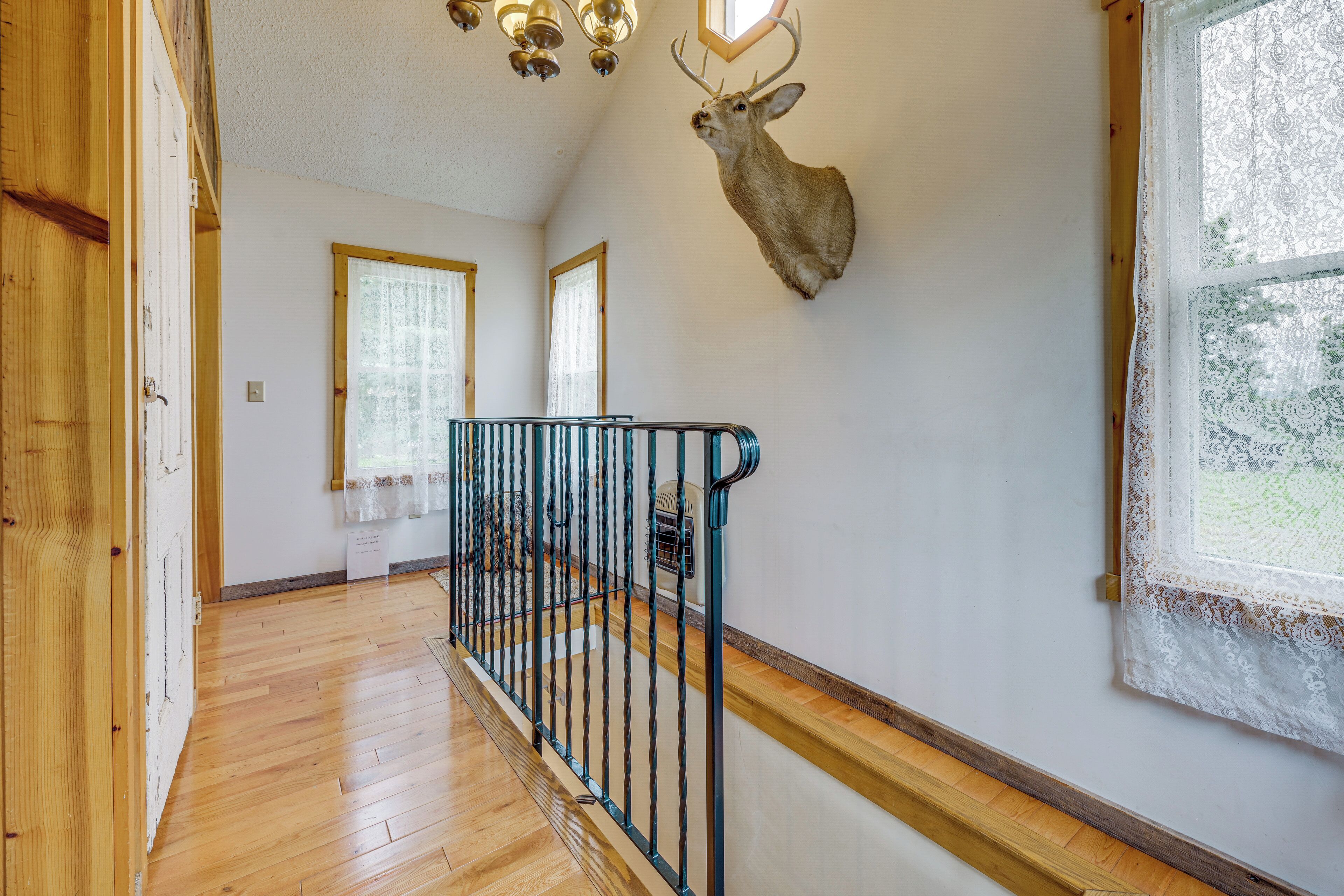A wooden staircase with a metal railing, a mounted deer head on the wall, and a window with lace curtains.