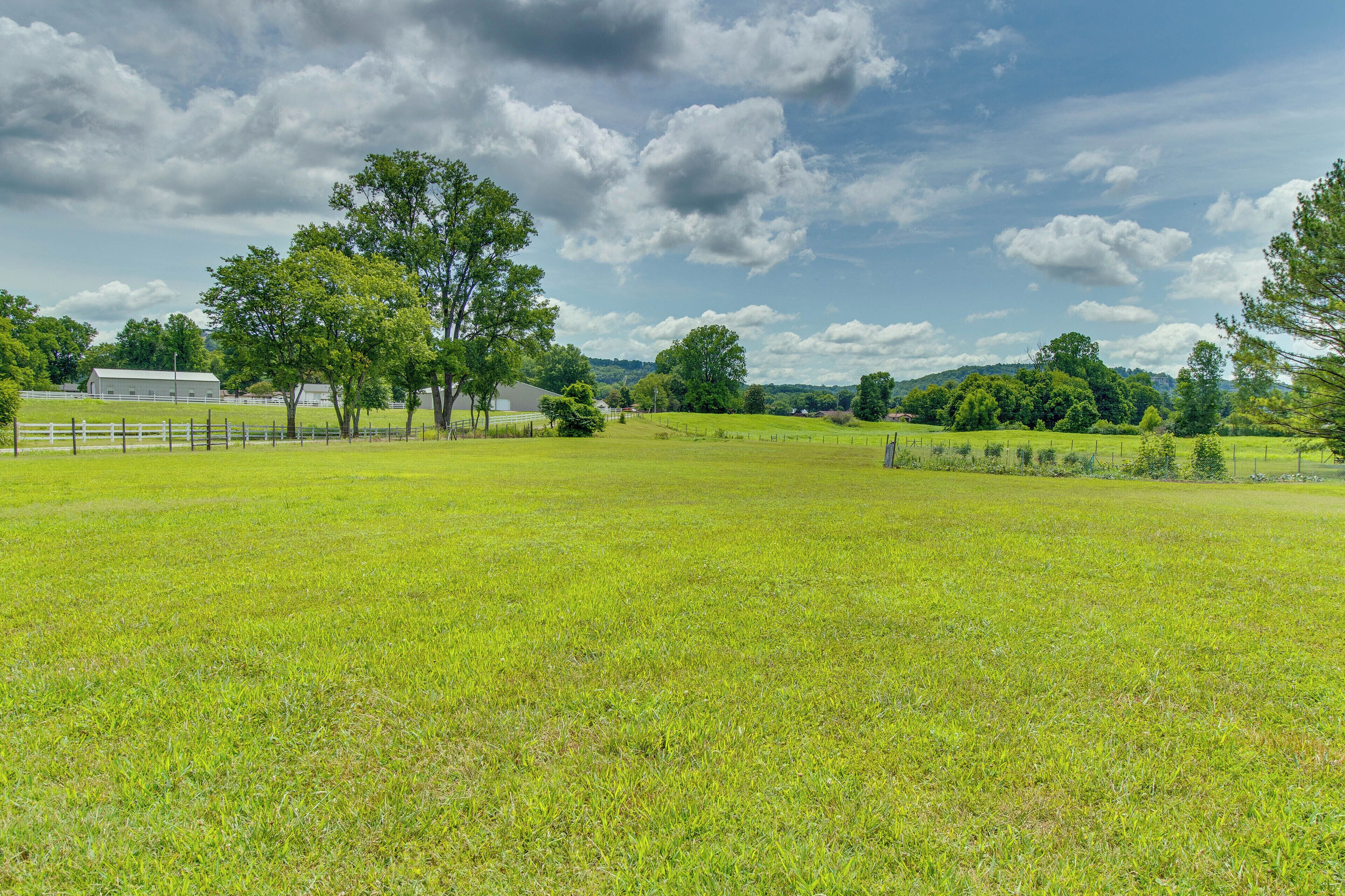 A grassy field with a white fence, trees, and a barn in the distance.