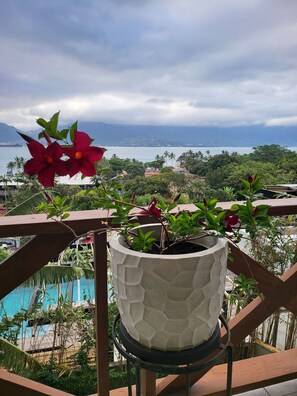A potted plant with red flowers on a balcony overlooking a pool and a view of a coastal area with mountains in the distance. - A Casa Bella Guest House - Ilhabela (Ilhabela)