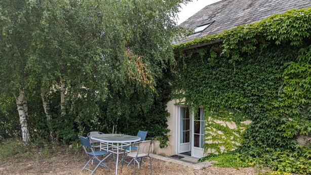 A patio with a round table and chairs, surrounded by trees and a house partially covered in ivy. - Historic cottage, pets OK - 4 guests (Vennecy)