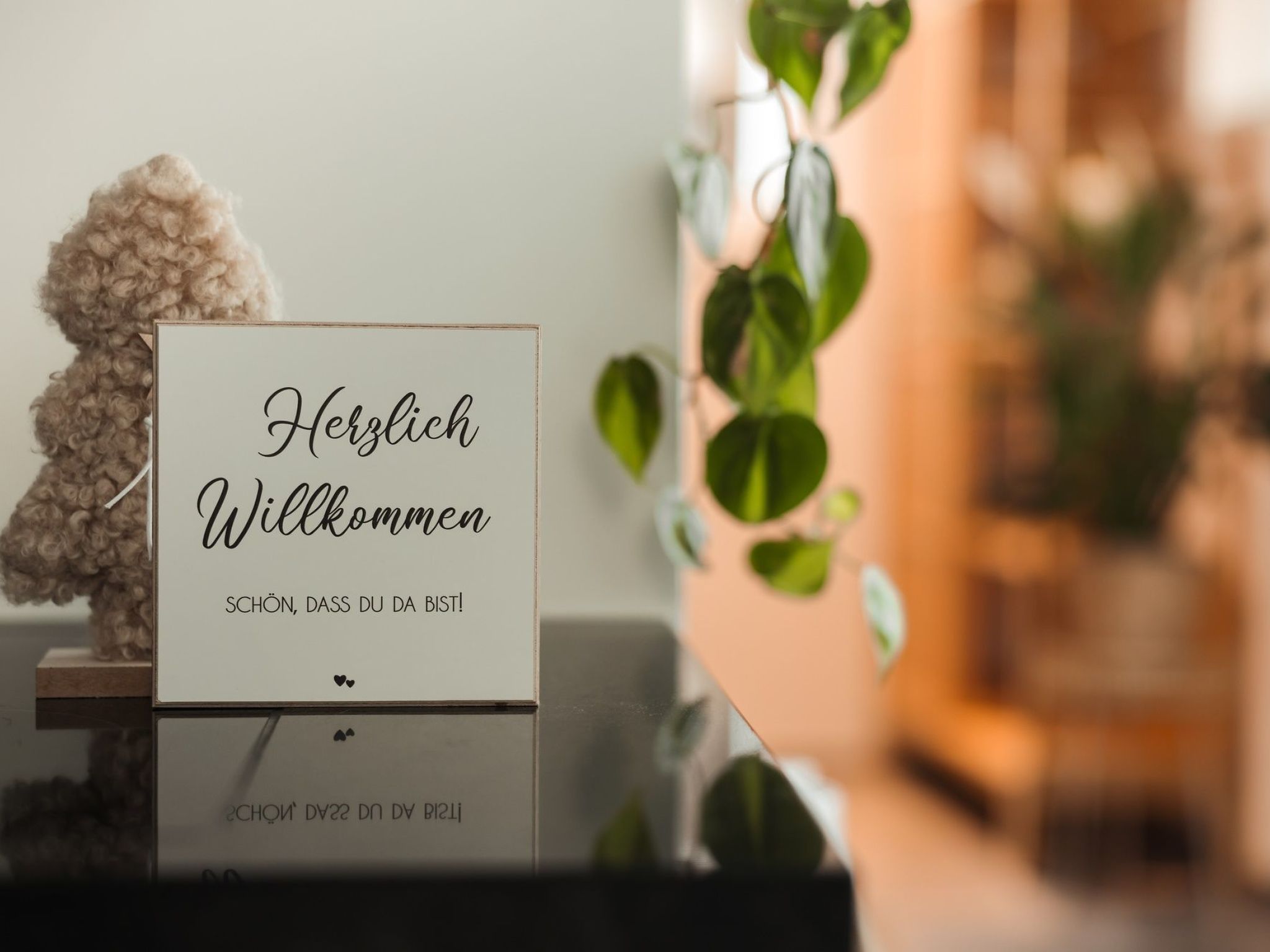A welcome sign with text in a foreign language, a small decorative item, and a plant.