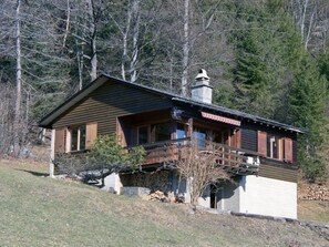 Une cabane avec une façade en bois, un balcon et une cheminée.