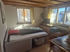 Ein kleines Zimmer mit einem Bett, einem Tisch, einem Fernseher und einer Heizung.