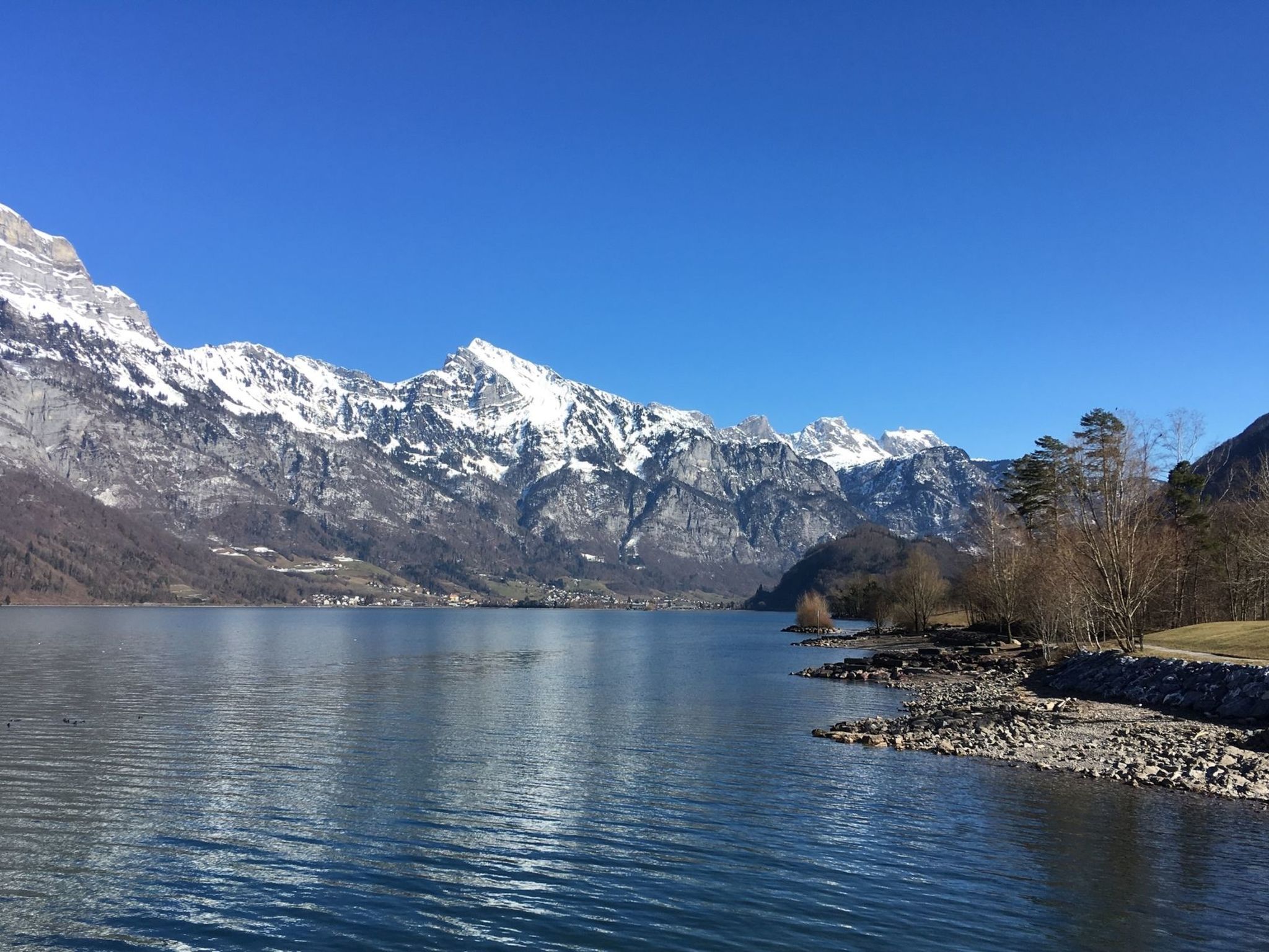 A calm lake with snow-capped mountains in the background and a clear blue sky.