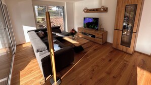 A modern living room with a sofa, TV, wooden cabinet, and a glass door.
