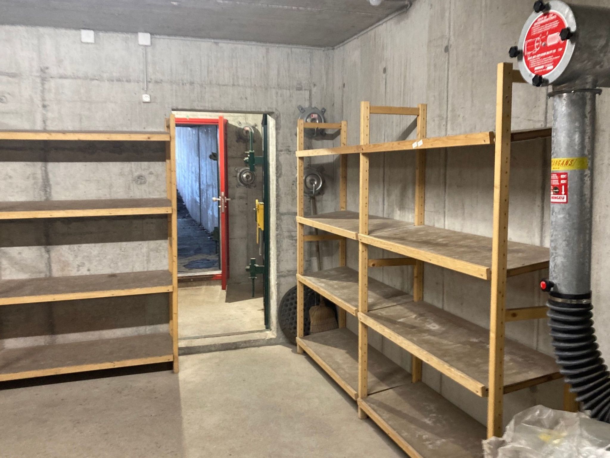 A room with concrete walls, a door leading to another area, and metal shelving units.