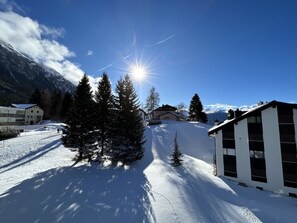 Schneebedeckte Landschaft mit Gebäuden, Bäumen und Bergen im Hintergrund.