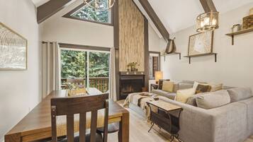 Smart TV, fireplace, books