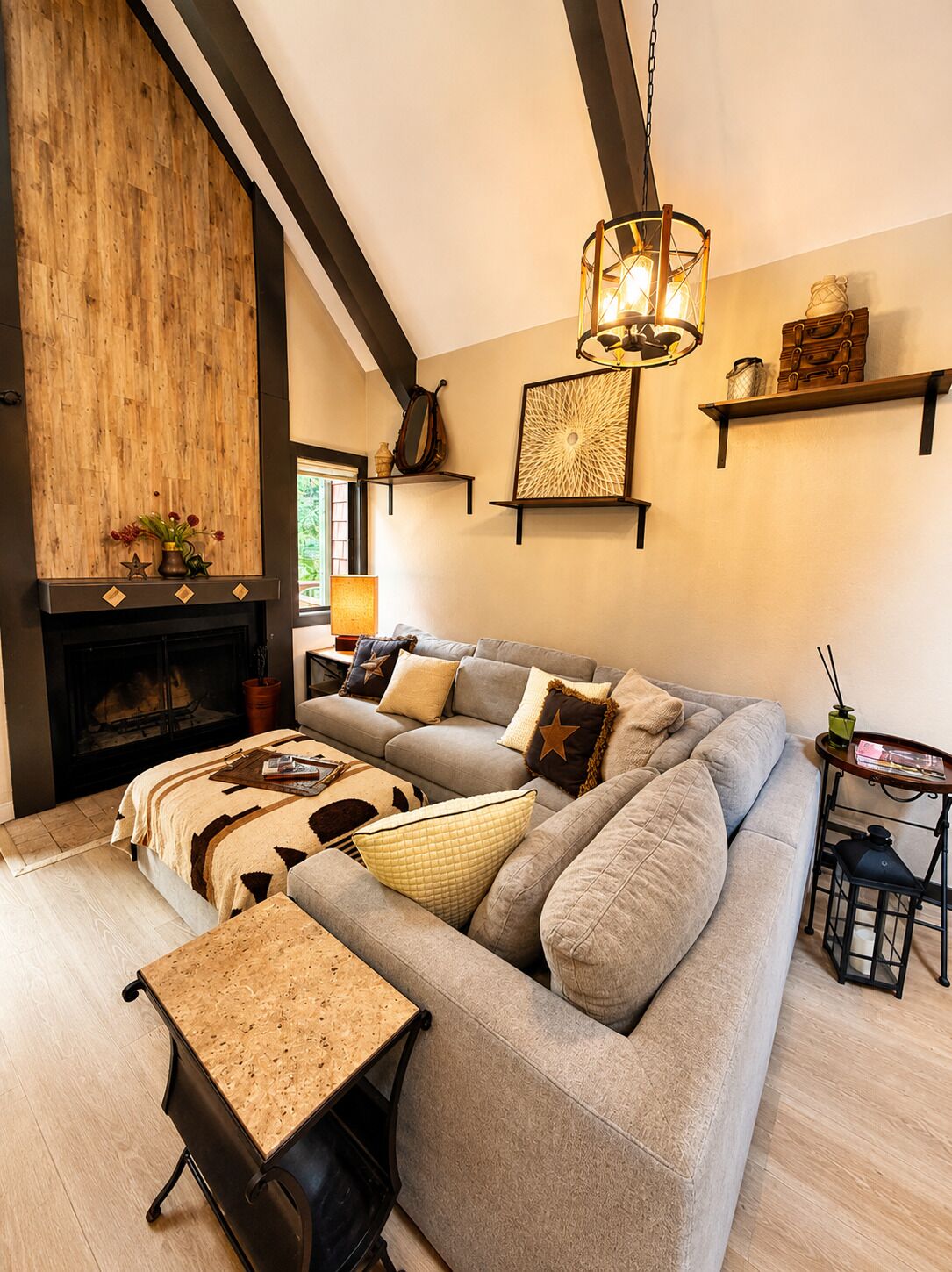 Smart TV, fireplace, books