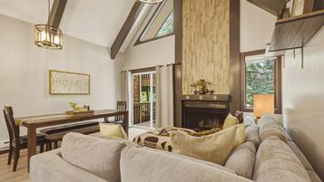 Smart TV, fireplace, books