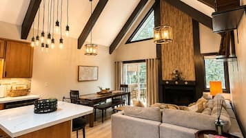 Smart TV, fireplace, books