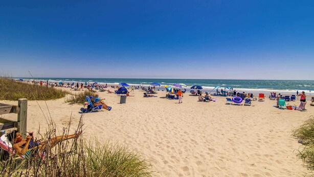 Une plage avec un ciel dégagé, un rivage sablonneux et des vacanciers.
