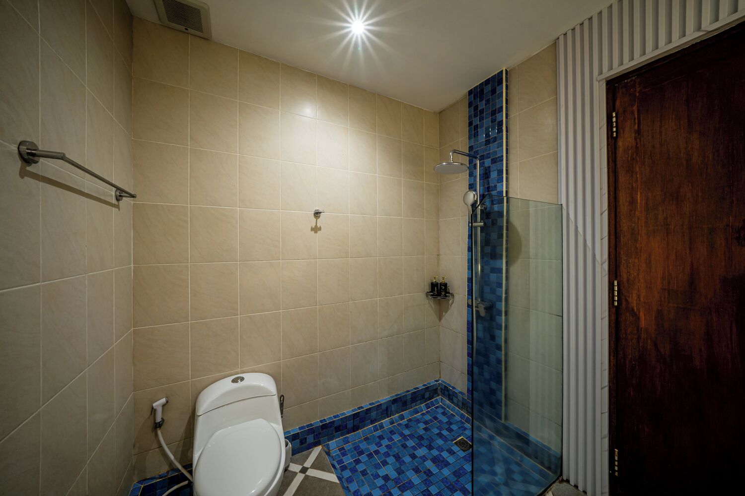 Un baño con inodoro, ducha con puerta de vidrio y puerta de madera.