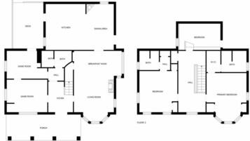 Två planritningar över ett hus med en veranda, kök, matplats, spelrum, entréhall, vardagsrum, litet köksutrymme, hall, badrum, huvudsovrum, ett extra sovrum och en toalett.