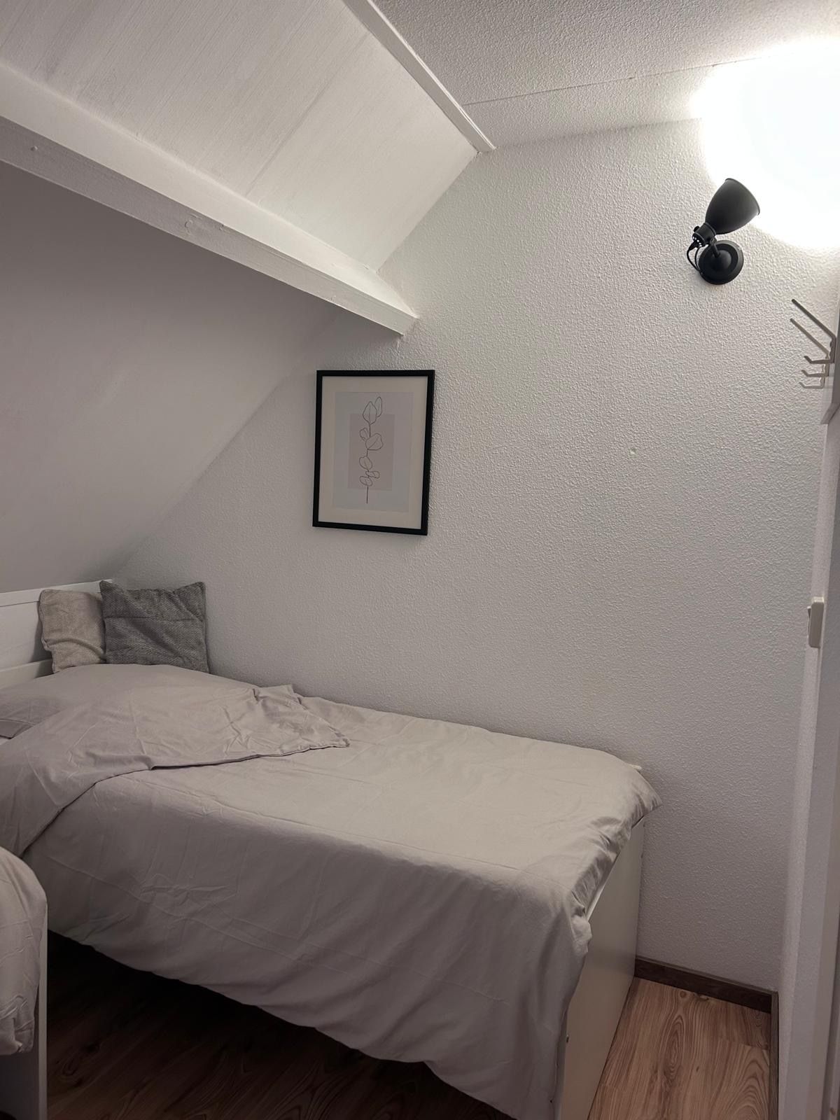 A bedroom with a bed, a framed picture on the wall, and a ceiling light fixture.