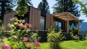 Ein modernes Haus mit Holzterrasse, umgeben von einem Garten mit verschiedenen Pflanzen und Blumen.