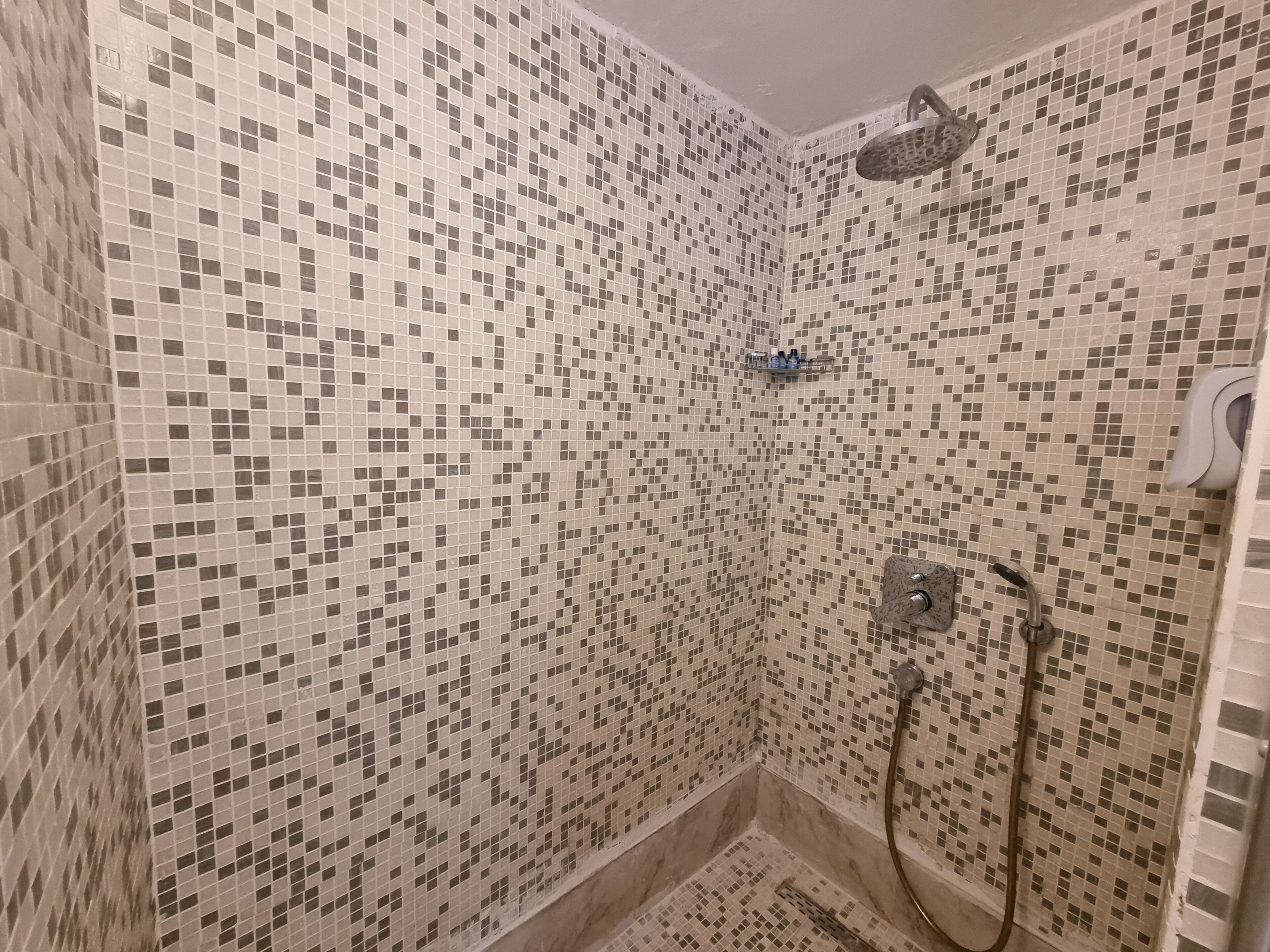 A shower with mosaic tile walls, a handheld showerhead, and a handheld shower hose.