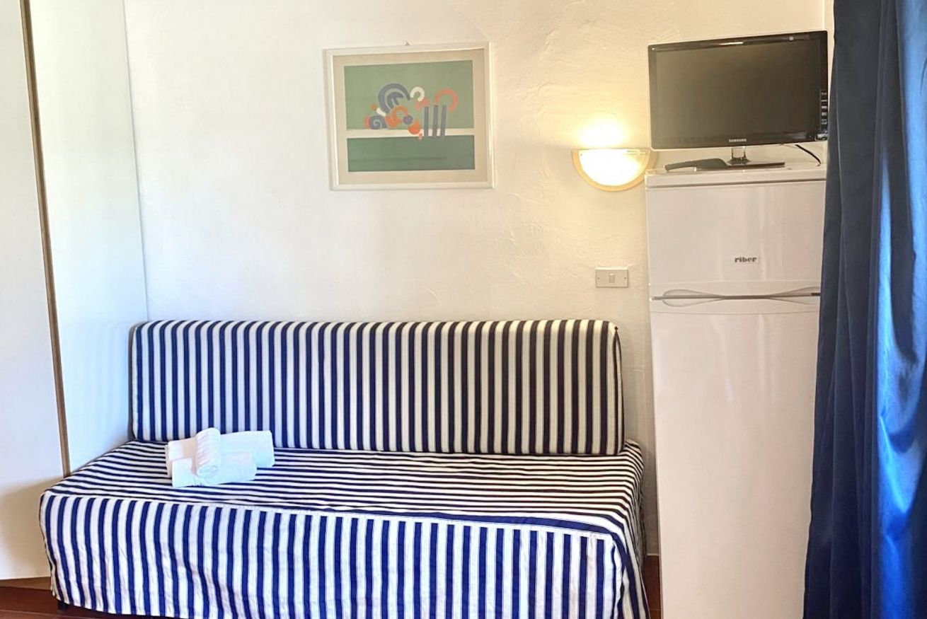 A striped sofa with a pillow, a framed picture on the wall, a television on a stand, and a white cabinet with a brand name.