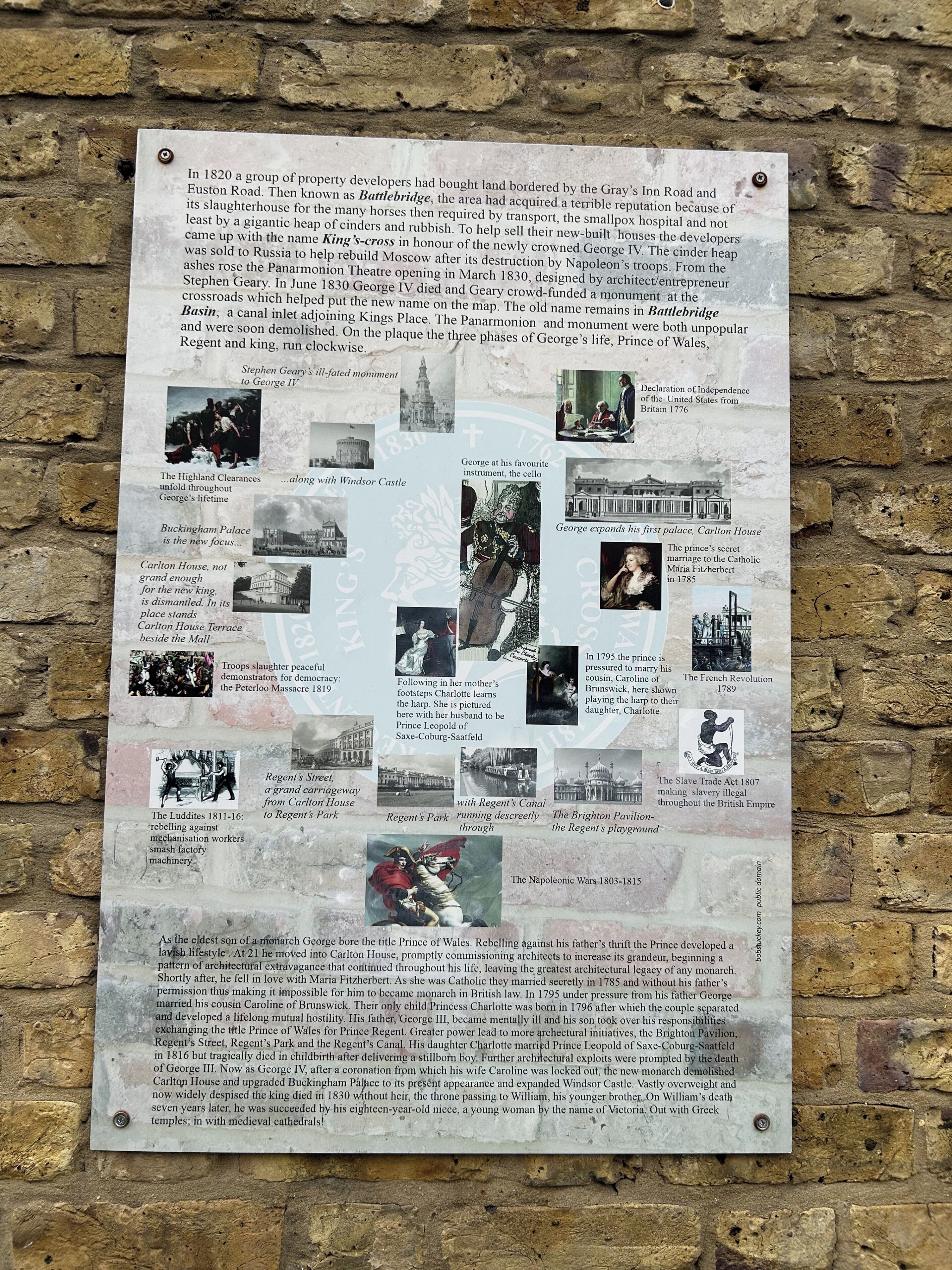 A historical information board with text and images detailing the history of a location, including notable events and figures.