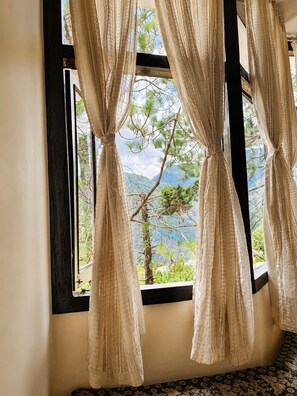 A window with sheer curtains, a view of a tree, and a mountain in the background.