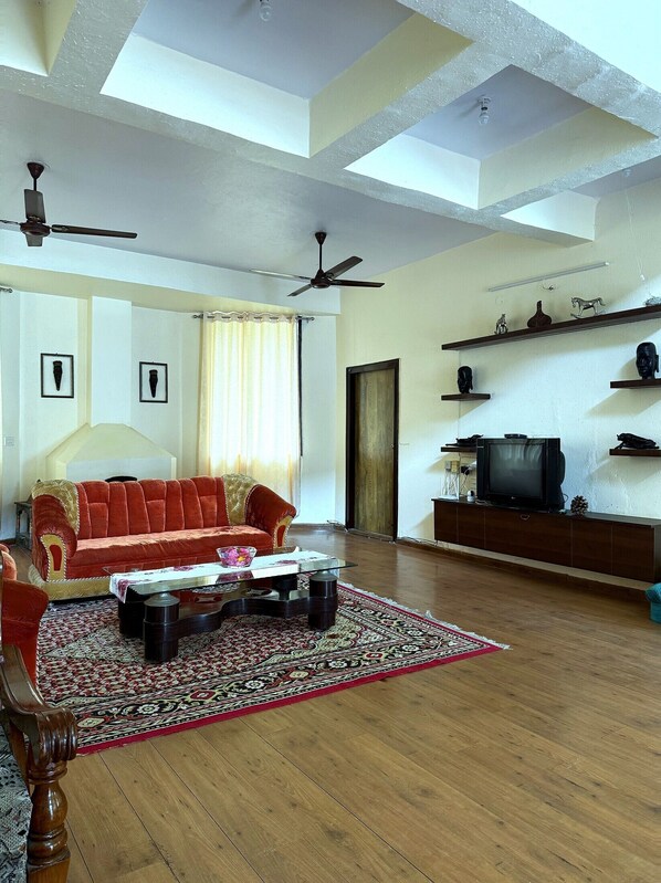 A living room with a red sofa, a coffee table, a patterned rug, a television, and ceiling fans.