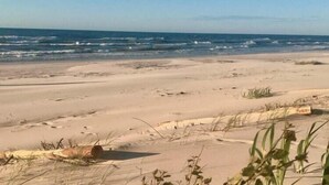 Ein Strand mit Sand, wenig Vegetation und dem Meer im Hintergrund.
