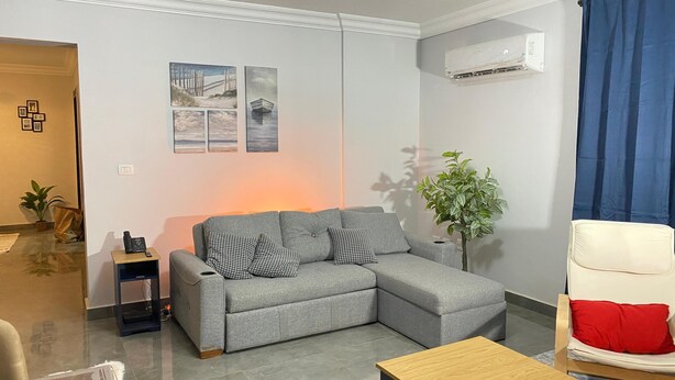 Una sala de estar con un sofá gris, una mesita, una planta en maceta y cuadros en la pared.