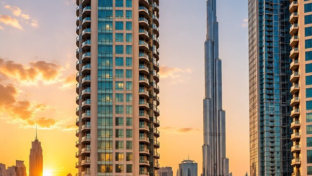 A high-rise building with a prominent 'EMAAR' sign, surrounded by other tall buildings and a sunset sky. - Luxury Downtown Skyline Suite Burj Khalifa View (Dubai)