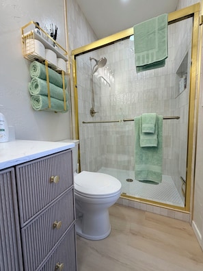 Regadera, secadora de cabello, toallas, jabón 