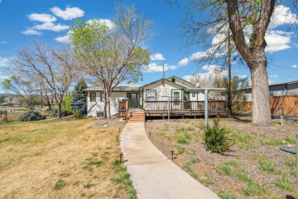 A single-story house with a covered porch, a front yard with a concrete path, and a small tree. - Light-Filled Lower Level with Private Entry on 2 Acres, Close to Shops (Arvada)