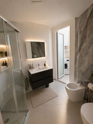 Regadera, secadora de cabello, bidet, toallas 