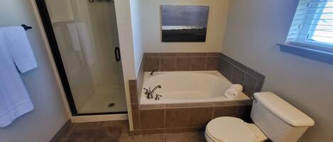 Un baño con cabina de ducha de vidrio, bañera y retrete.
