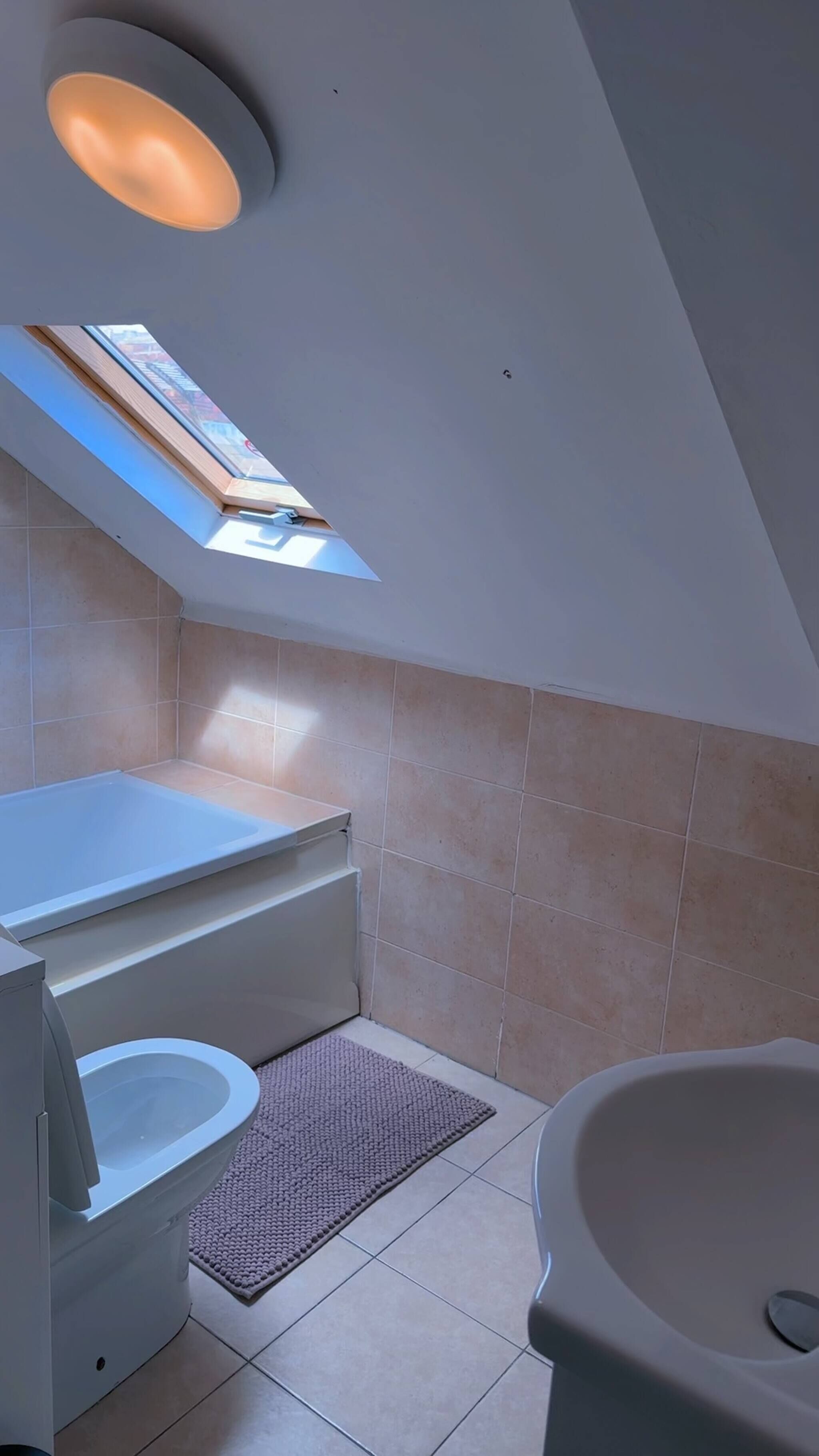 A bathroom with a skylight, a bathtub, a toilet, and a shower area.