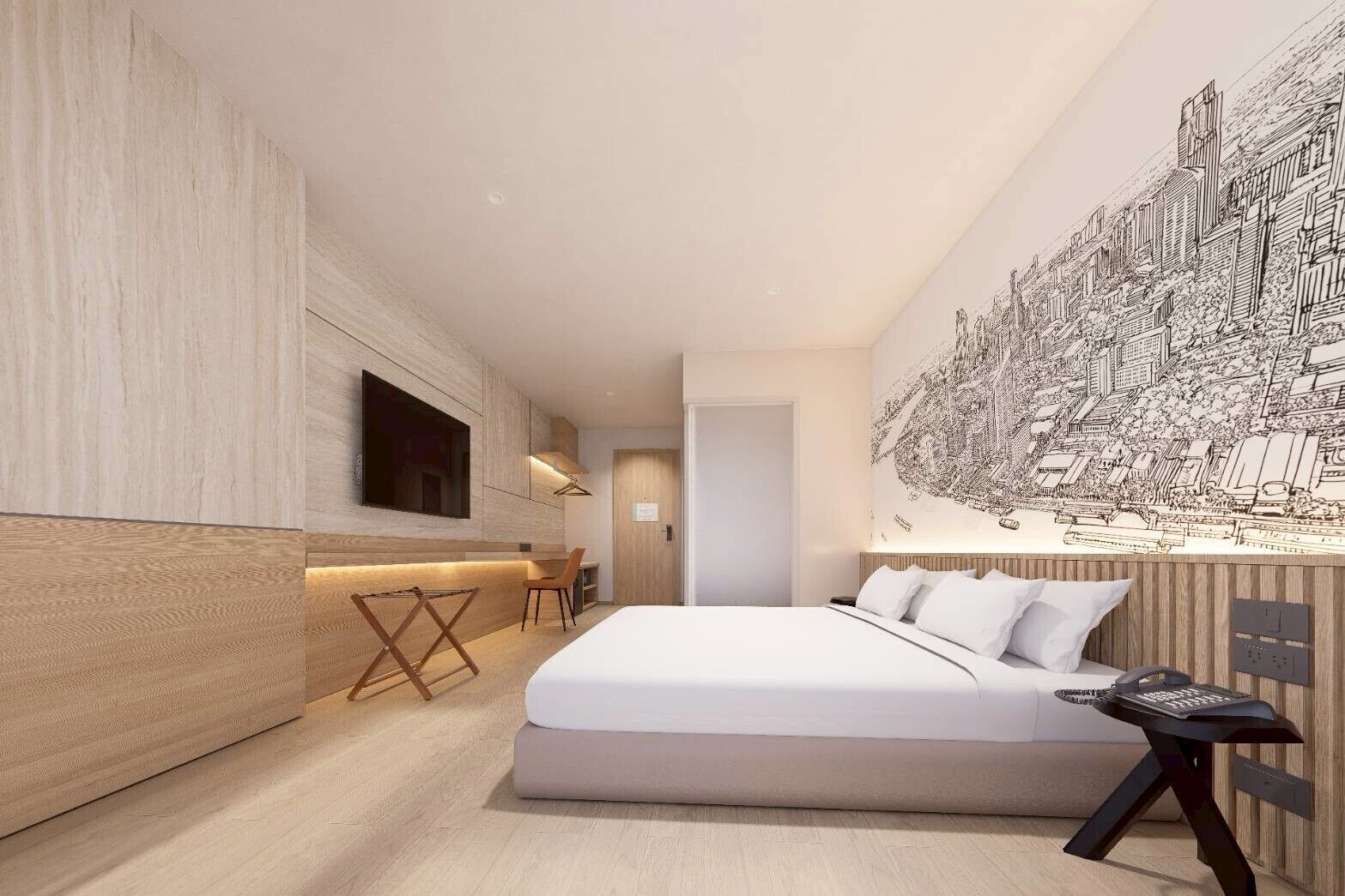 A modern bedroom with a large bed, a desk, and a cityscape mural.
