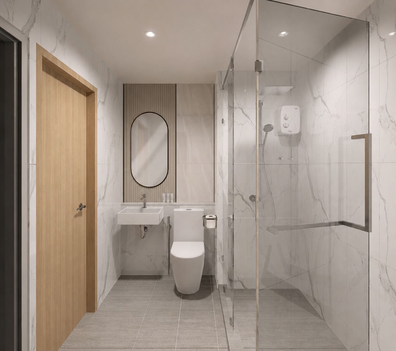 A modern bathroom with a wooden door, a round mirror, a toilet, and a glass-enclosed shower.
